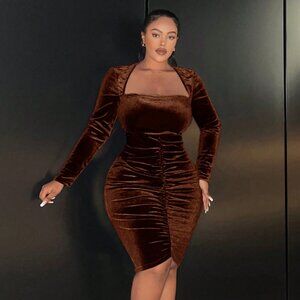 Sexy Square Neck Long Sleeve Ruched Bodycon Dress Size 2X